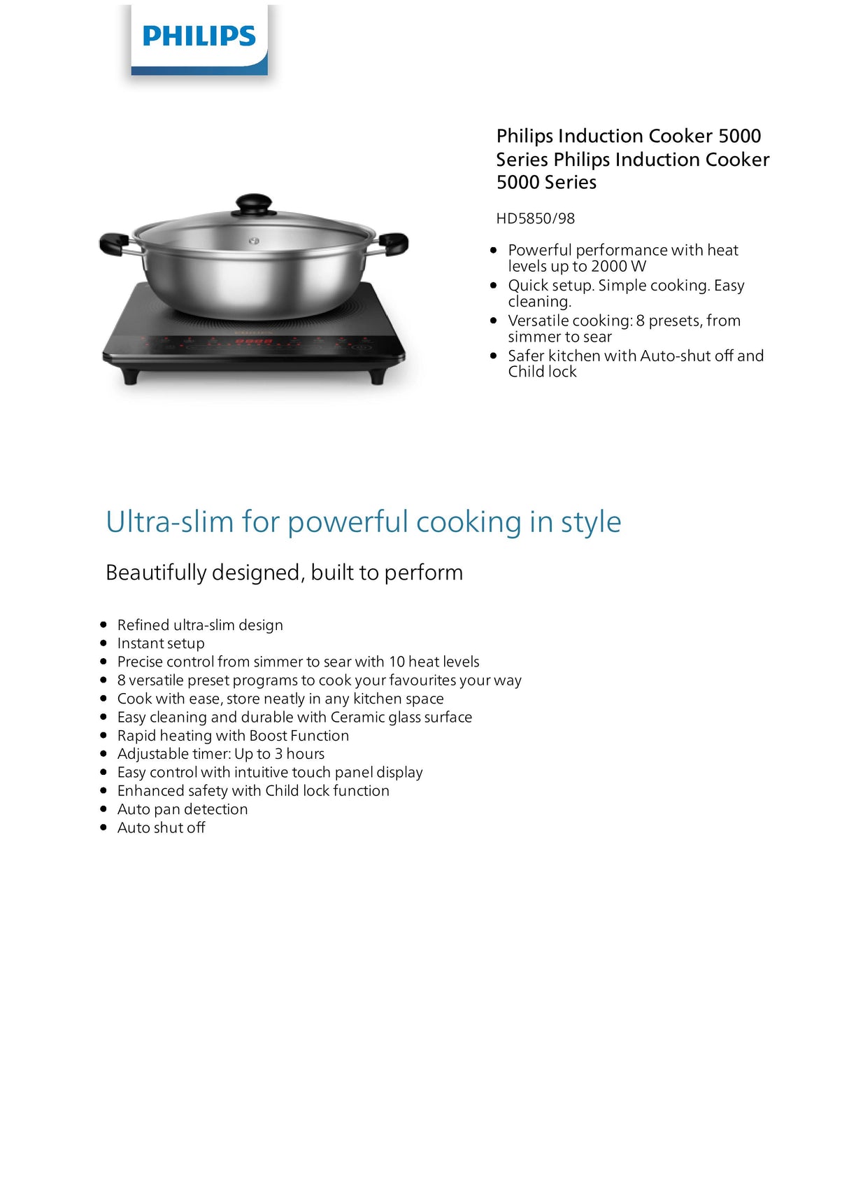 Philips HD5850/98 Induction Cooker 5000 Series 2000W with Free Pot