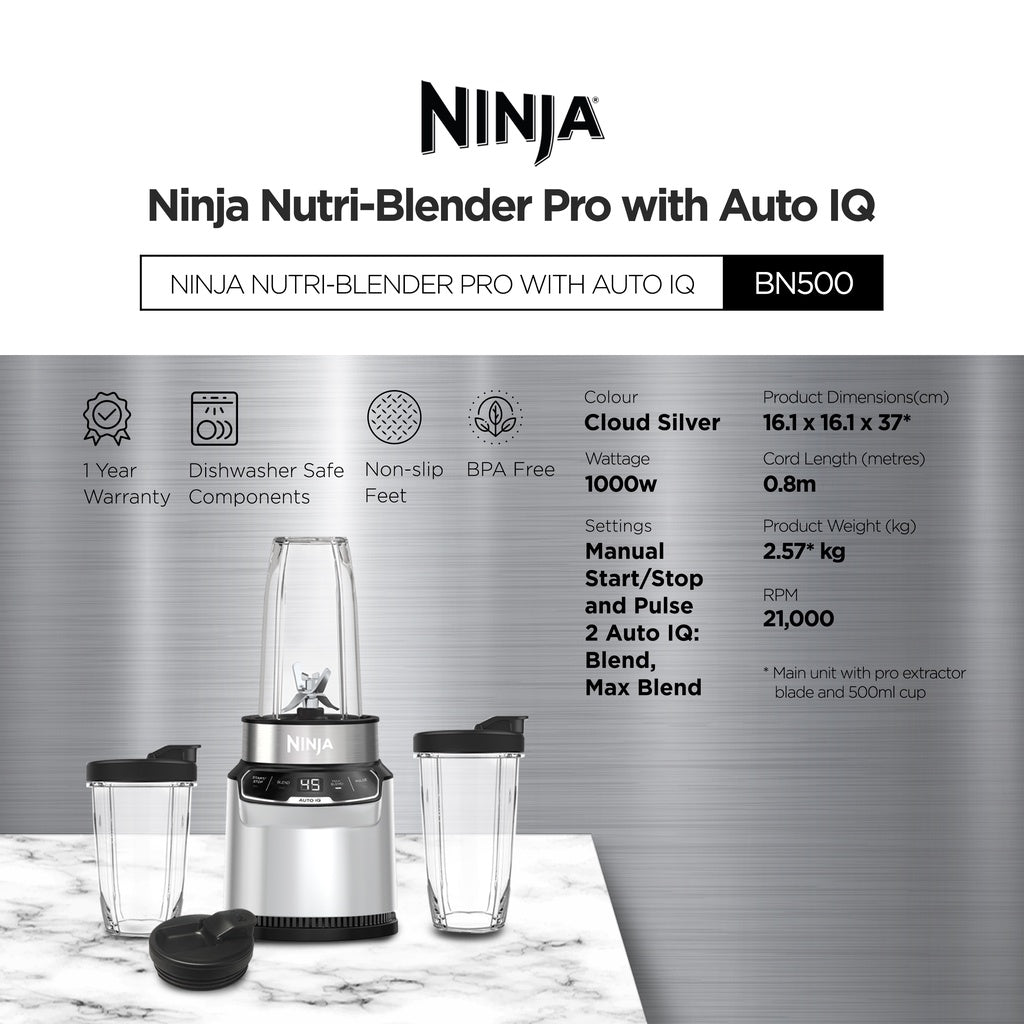 Ninja BN500 Nutri Blender Pro, Auto-iQ & Pro Extractor Blade , 3 On the Go cups, 1000W motor Crush Ice, Smoothie maker