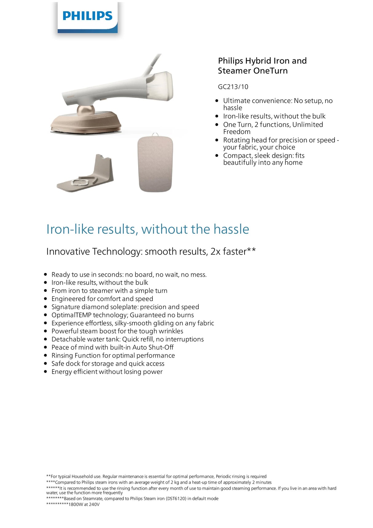 Philips GC213/10 OneTurn 2-in-1 Iron & Steamer | No board needed | Powerful, Compact, Lightweight | No burns guaranteed