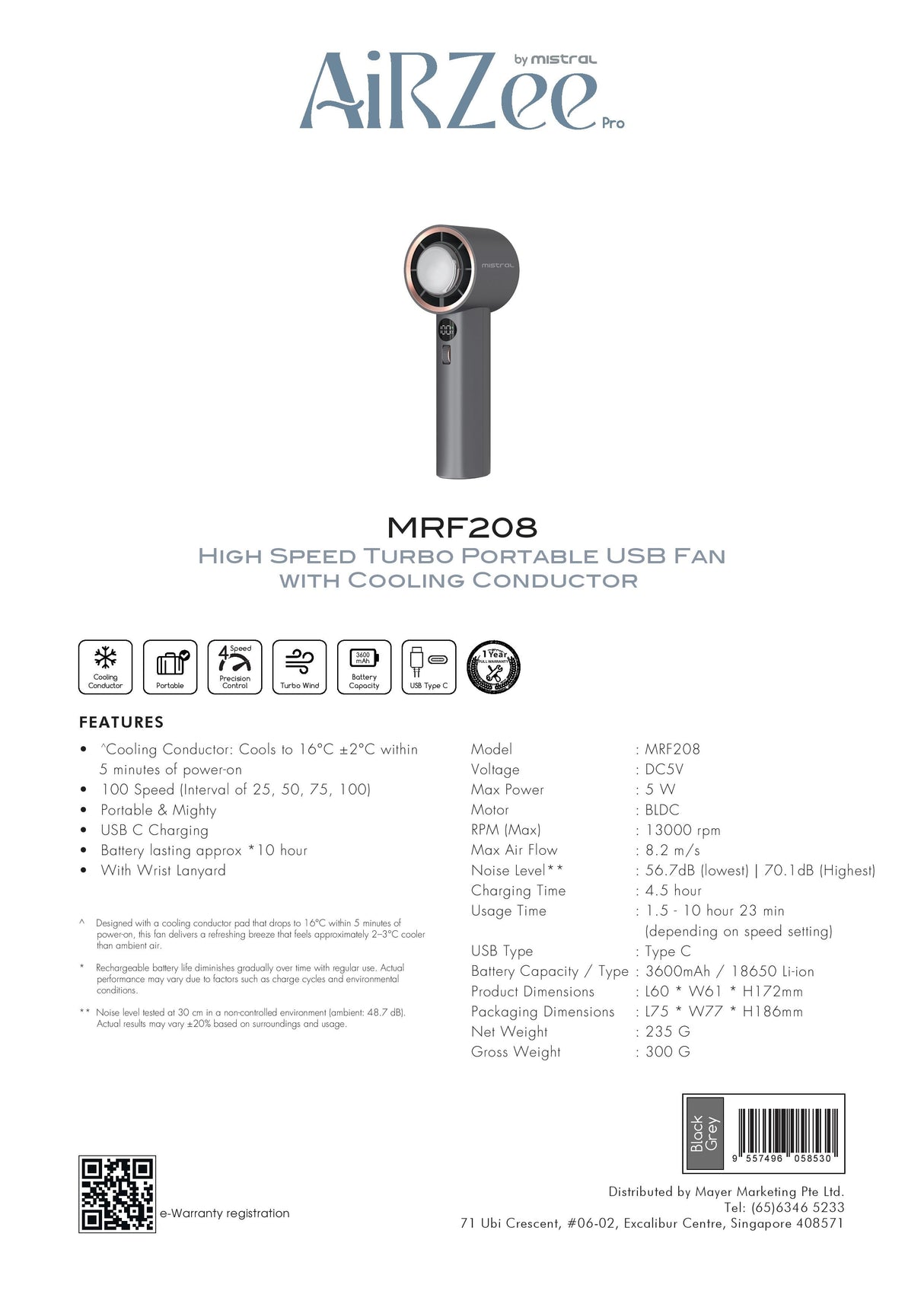 Mistral MRF208 AirZee Pro - High Speed Turbo USB Fan with Cooling Conductor Black Grey