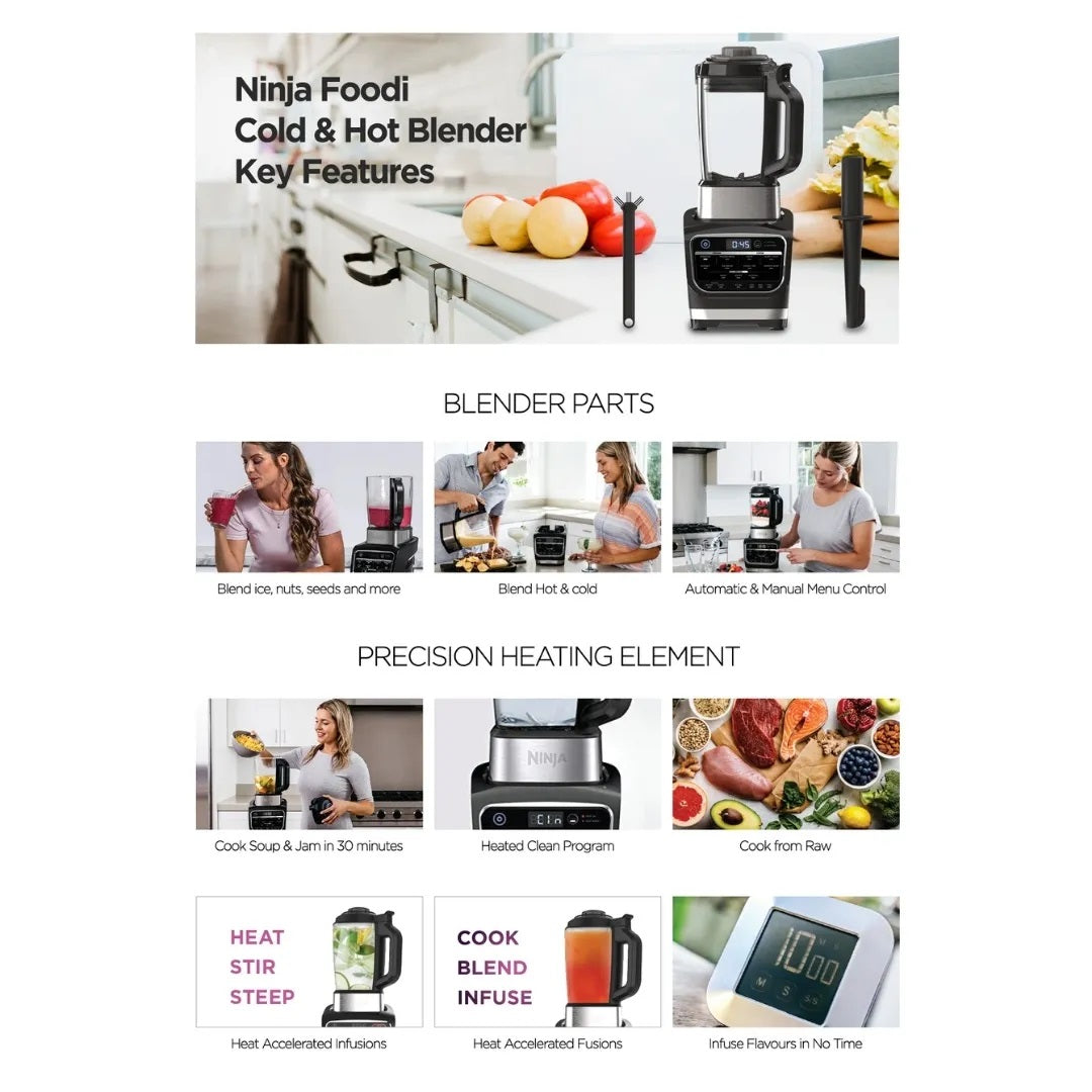 Ninja HB150 Foodi Blender & Soup Maker, 10 Auto-iQ Programs, 1.7L Glass Jug, Hot & Cold Blender, Cleaning Program 1000W