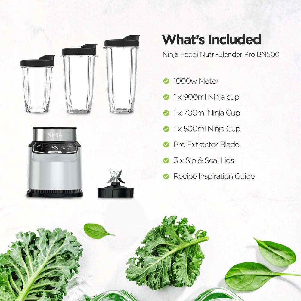 Ninja BN500 Nutri Blender Pro, Auto-iQ & Pro Extractor Blade , 3 On the Go cups, 1000W motor Crush Ice, Smoothie maker