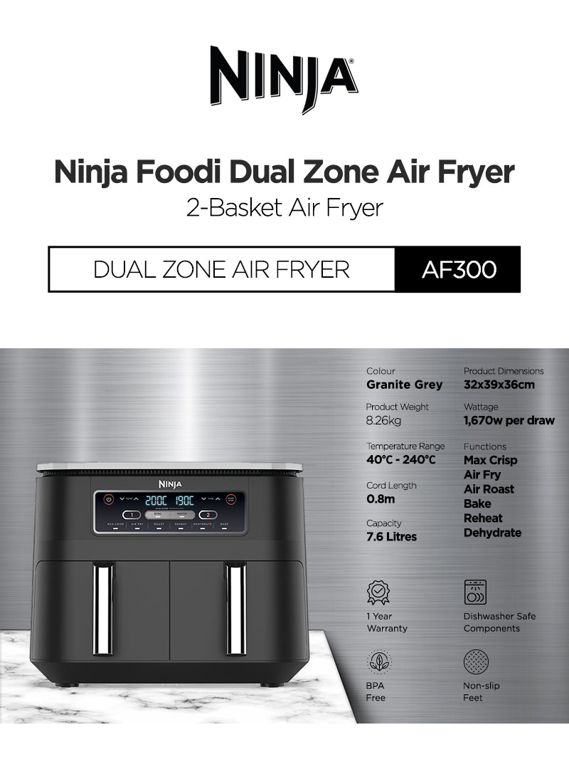 Ninja AF300 Foodi DualZone 6-in-1 Digital Air Fryer, 7.6L, No Oil, Crisp, Roast, Bake, Reheat, Dehydrate, Non-Stick