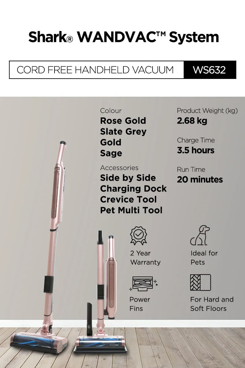 Shark WS632 WANDVAC Ultra Lightweight 3 in 1 Cordless handheld & stick vacuum, Power Boost Mode, Charge dock, Pet Tool