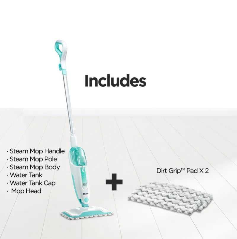 Shark S1000 Steam Mop 375ml, Floor cleaning mop with 2 Dirt Grip Pads, Lightweight, Safe for all Sealed Hard Floors like Tile, Hardwood, Stone, Laminate, Vinyl & More, Machine Washable Pads, Removable Water Tank, White/Seafoam