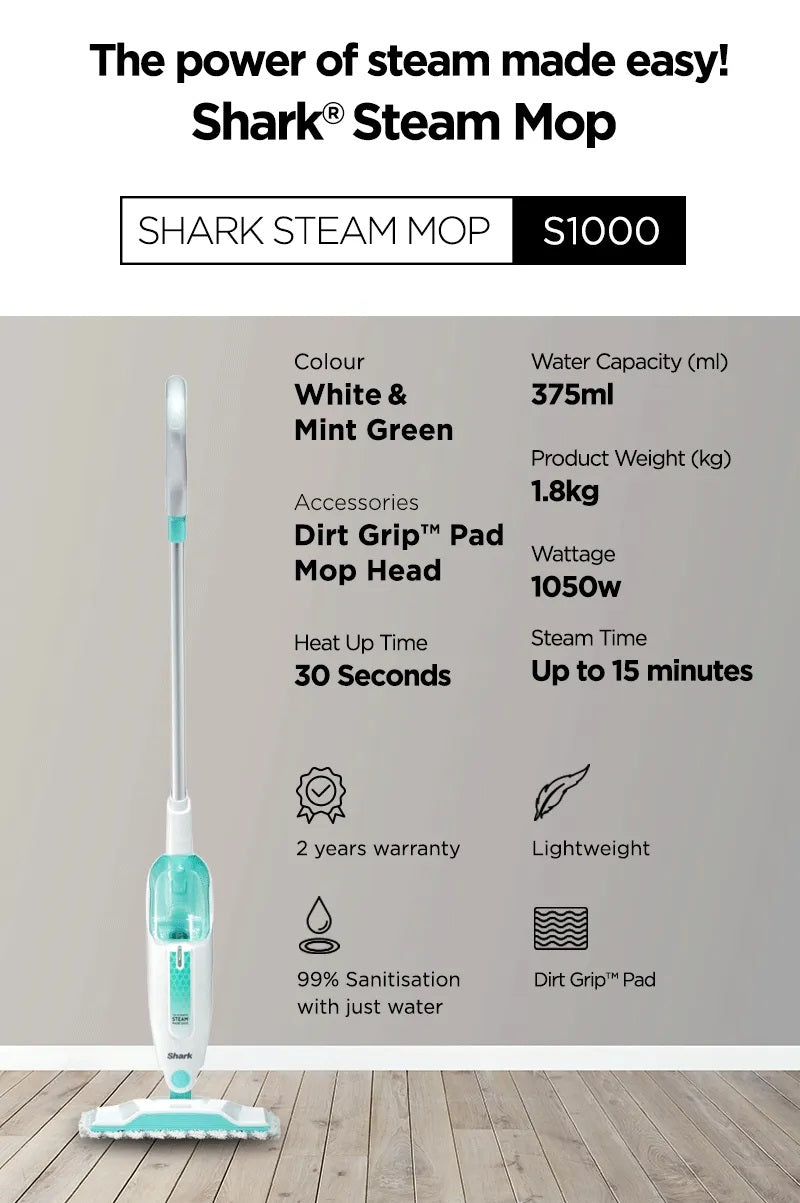 Shark S1000 Steam Mop 375ml, Floor cleaning mop with 2 Dirt Grip Pads, Lightweight, Safe for all Sealed Hard Floors like Tile, Hardwood, Stone, Laminate, Vinyl & More, Machine Washable Pads, Removable Water Tank, White/Seafoam