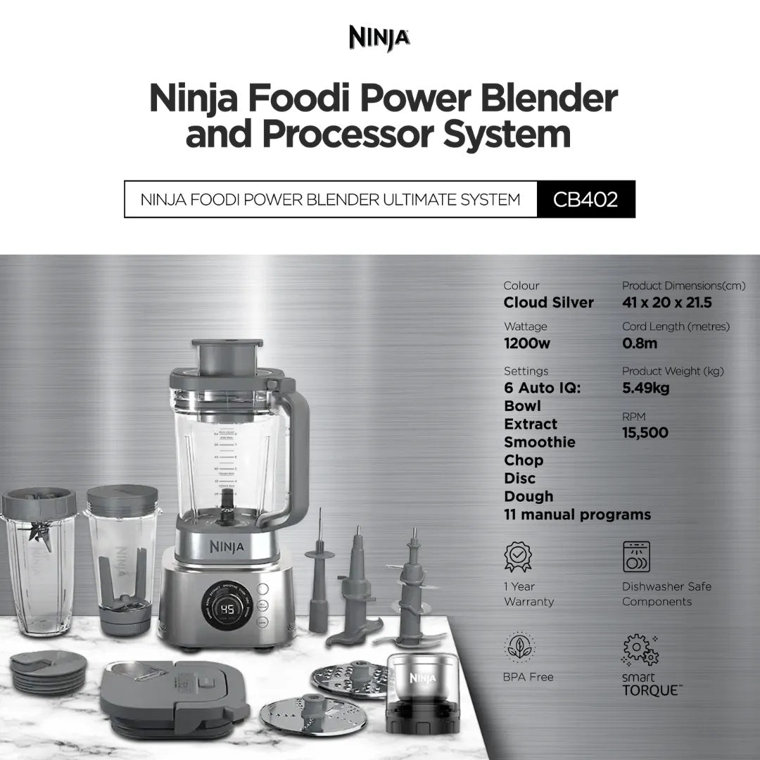 Ninja CB402 Foodi 5 in 1 Power Blender & Food Processor + XL Smoothie Maker & Nutrient Extraction Cup, 1200W motor