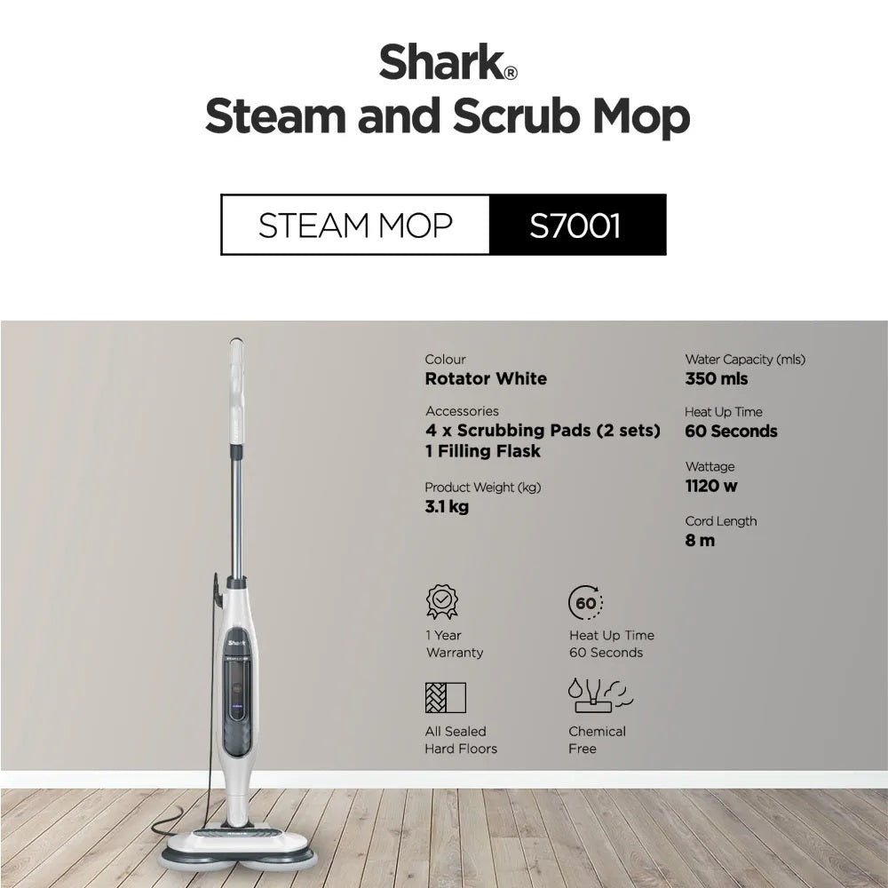 Shark S7001 Steam & Scrub Mop, Clean & Sanitize Floor at the same time, 4 Machine Washable Scrubbing Pads, Lightweight