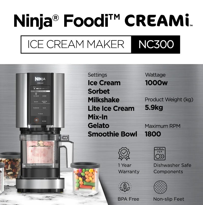 Ninja NC300 CREAMi Ice Cream & Dessert Maker, 3 Tubs, 7 Programs: Gelato, Sorbet, Smoothie Bowl, Milkshakes & more