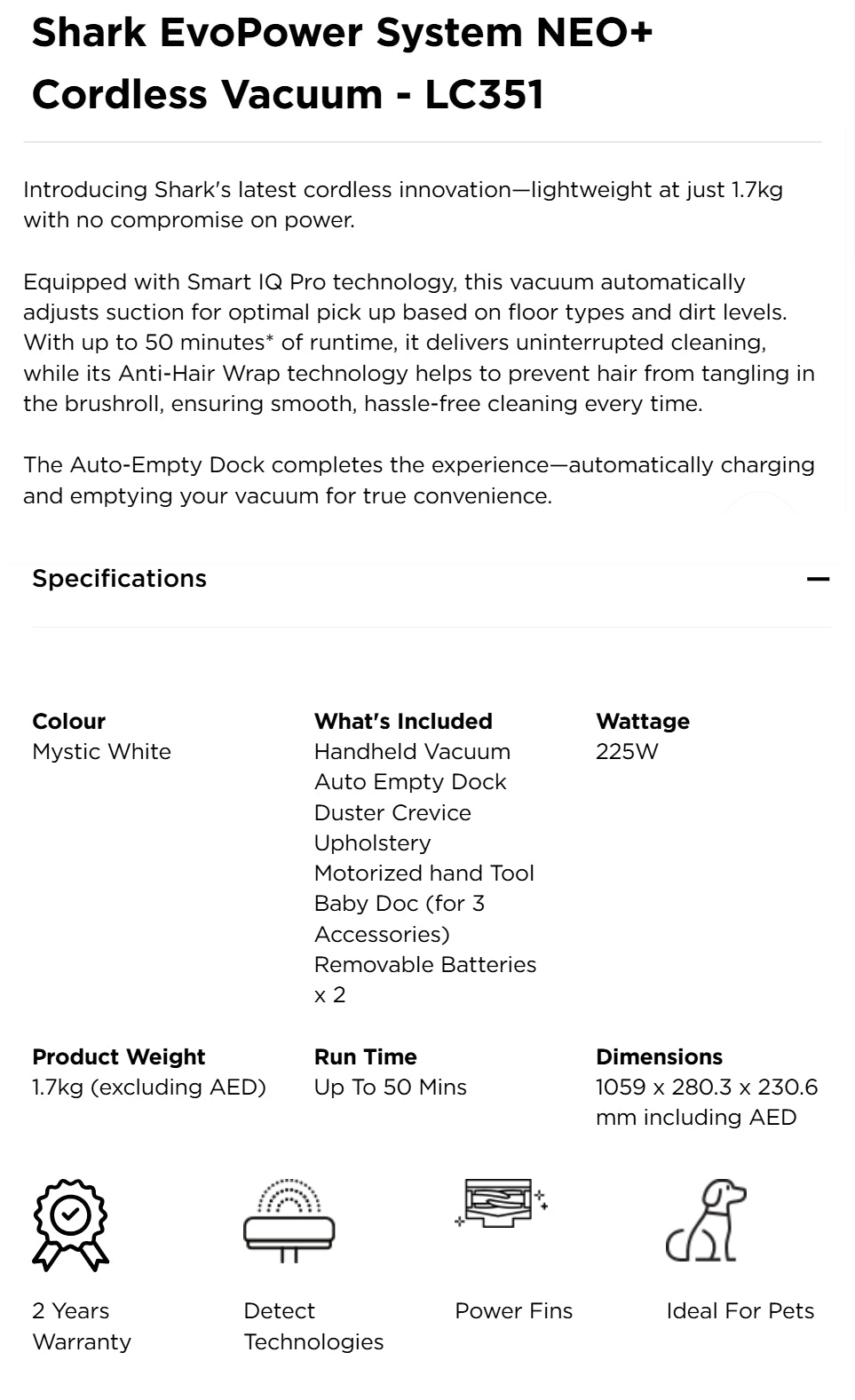 Shark LC351SMWH | LC351 EvoPower System NEO+ Cordless Vacuum with Auto Empty Dock 1.7kg, Ideal for Pets