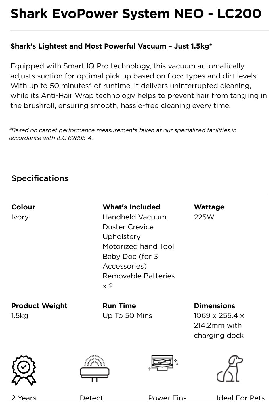 Shark LC200SMIV | LC200 EvoPower System NEO Cordless Stick Vacuum 1.5kg Ideal For Pets