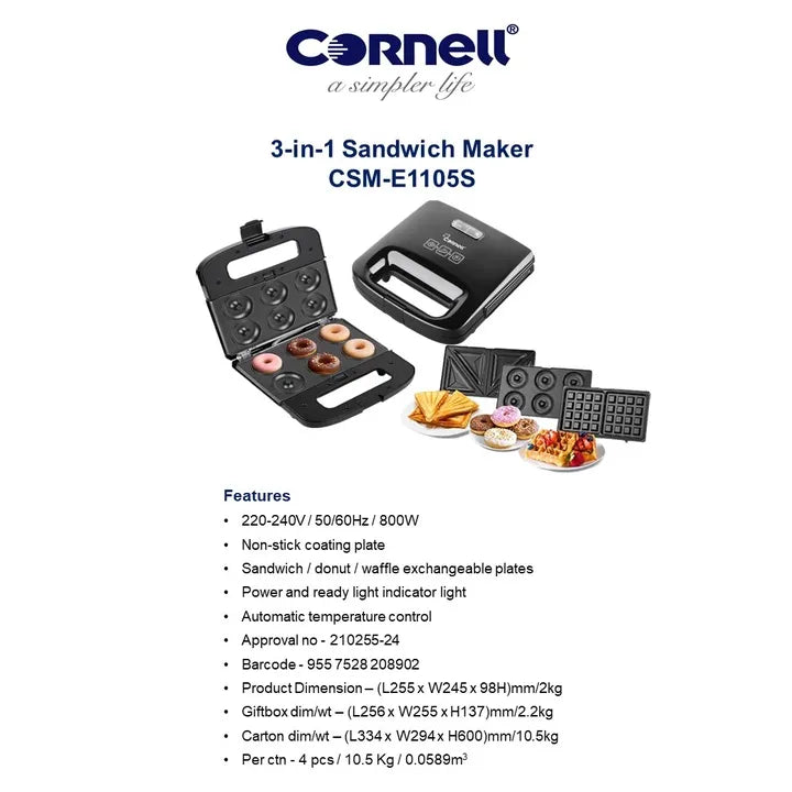 Cornell CSME1105S | CSM-E1105S 3-in-1 Waffle, Donut and Sandwich Maker Non-Stick Coating Plate