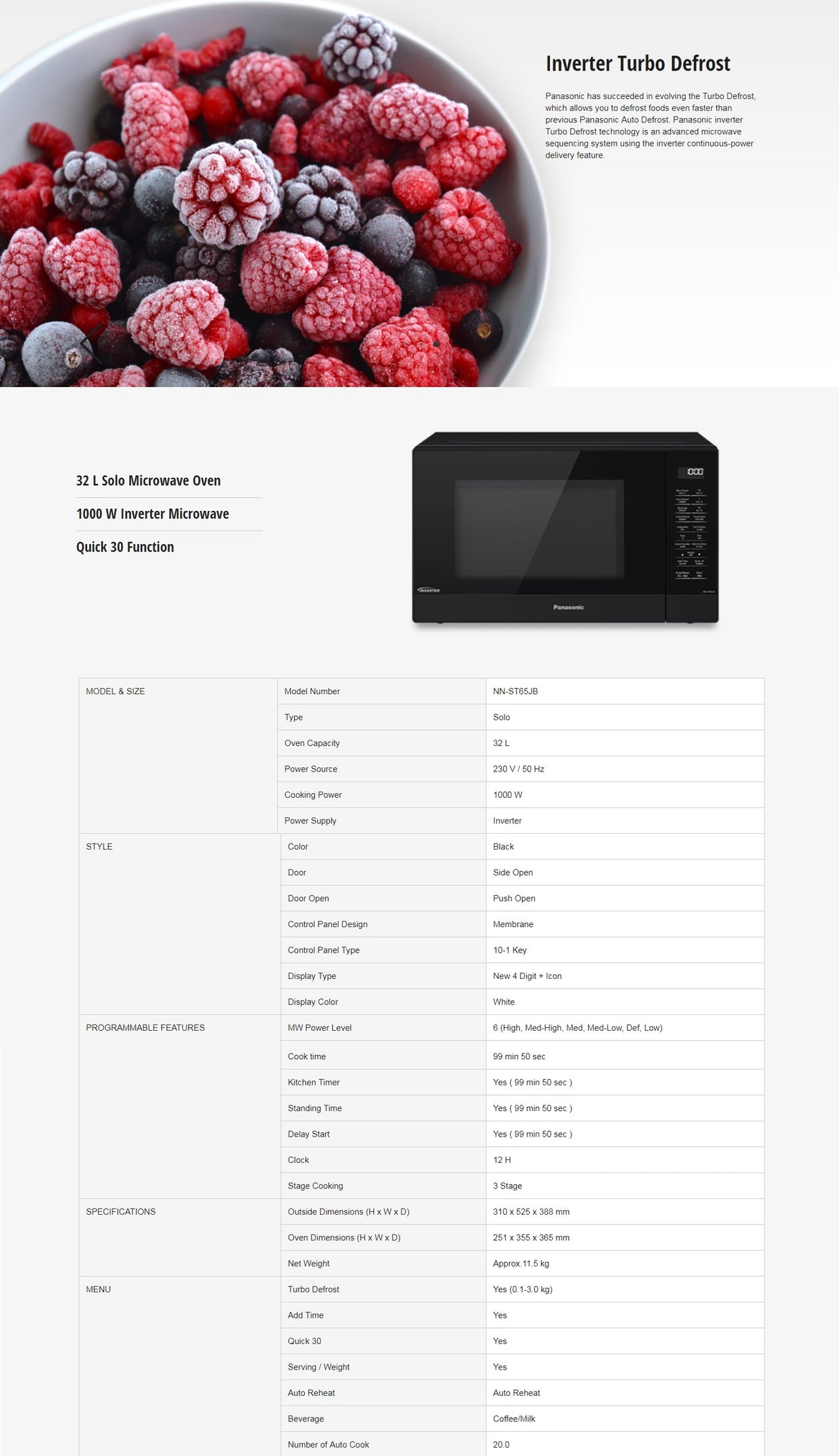 Panasonic NN-ST65JBYPQ Inverter Technology Microwave Oven 32L