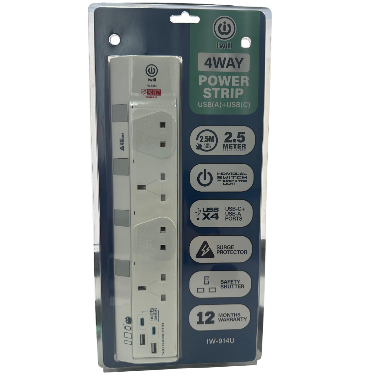 iwill IW-914U 2.5m 4 Way USB(A) + USB(C) Power Trip Surge Protector