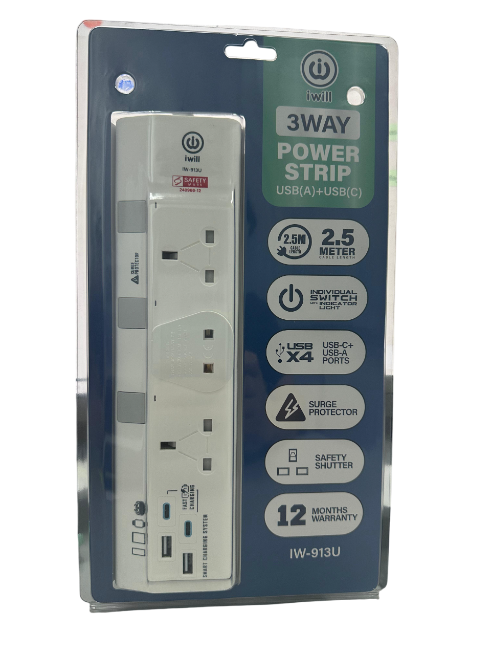 iwill IW-913U 2.5m 3 Way USB(A) + USB(C) Power Trip Surge Protector