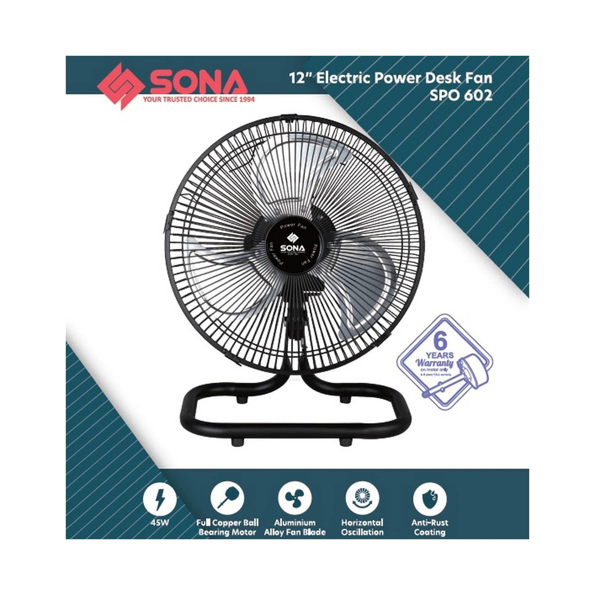 Sona SPO 602 | SPO602 Electric Power Desk Fan 12 Inch (Replace SOF 6051)