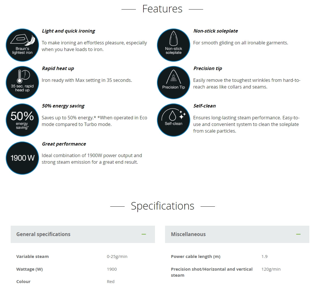 Braun SI1019RD TexStyle 1 Steam Iron Red