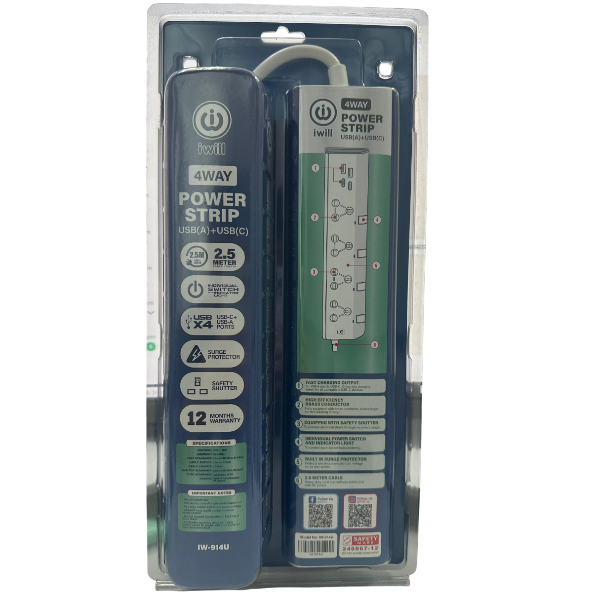 iwill IW-914U 2.5m 4 Way USB(A) + USB(C) Power Trip Surge Protector