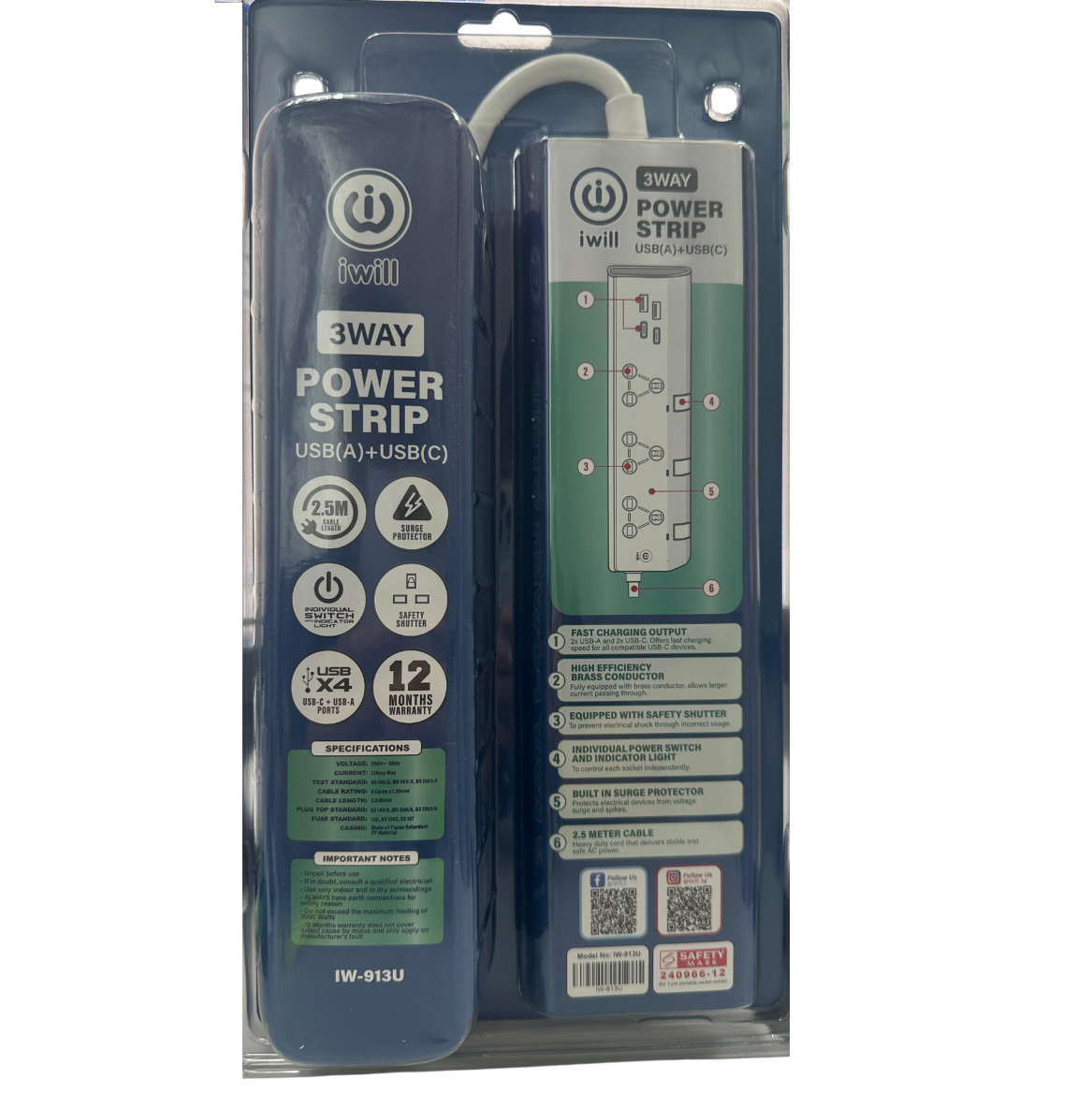 iwill IW-913U 2.5m 3 Way USB(A) + USB(C) Power Trip Surge Protector