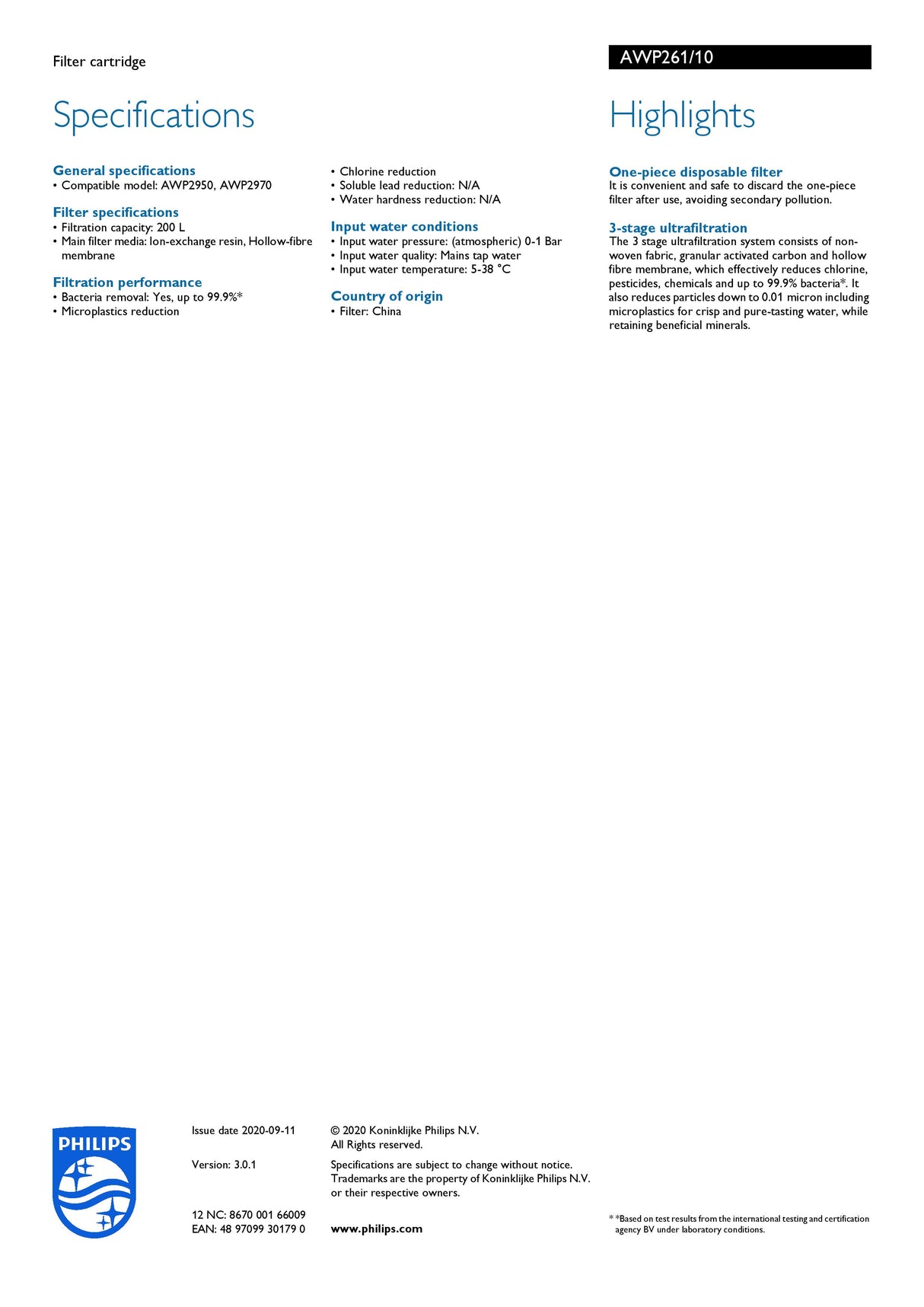 Philips AWP261/10 Water Pitcher Purifier (Compatible model: AWP2950, AWP2970)