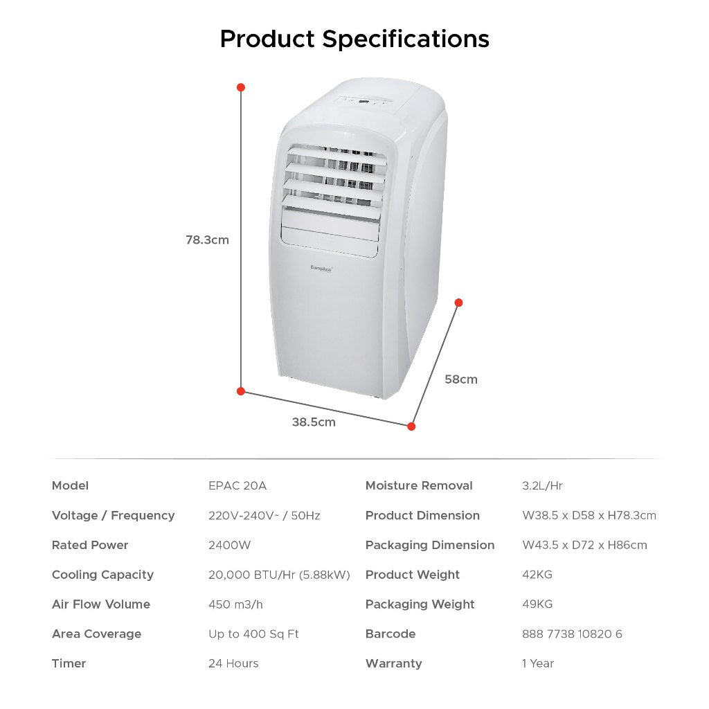 Europace EPAC 20A | EPAC20A Portable Air Con 20,000 BTU