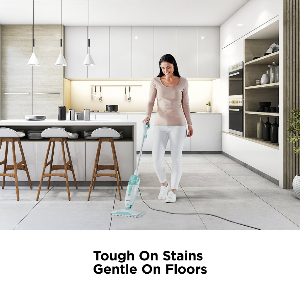 Shark S1000 Steam Mop 375ml, Floor cleaning mop with 2 Dirt Grip Pads, Lightweight, Safe for all Sealed Hard Floors like Tile, Hardwood, Stone, Laminate, Vinyl & More, Machine Washable Pads, Removable Water Tank, White/Seafoam