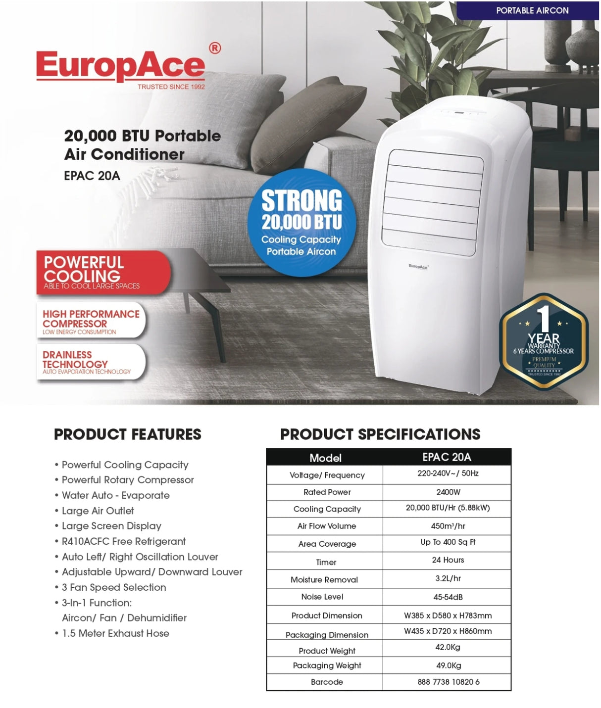 Europace EPAC 20A | EPAC20A Portable Air Con 20,000 BTU