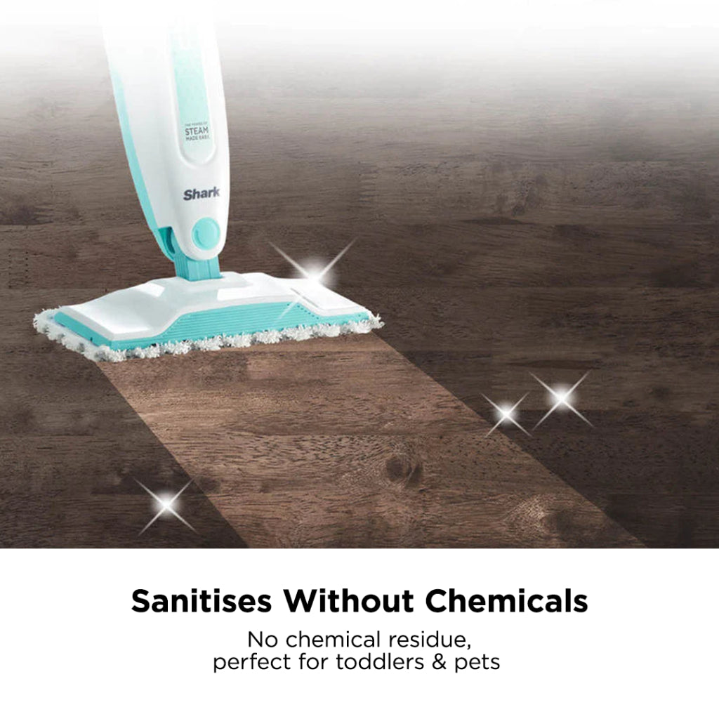 Shark S1000 Steam Mop 375ml, Floor cleaning mop with 2 Dirt Grip Pads, Lightweight, Safe for all Sealed Hard Floors like Tile, Hardwood, Stone, Laminate, Vinyl & More, Machine Washable Pads, Removable Water Tank, White/Seafoam