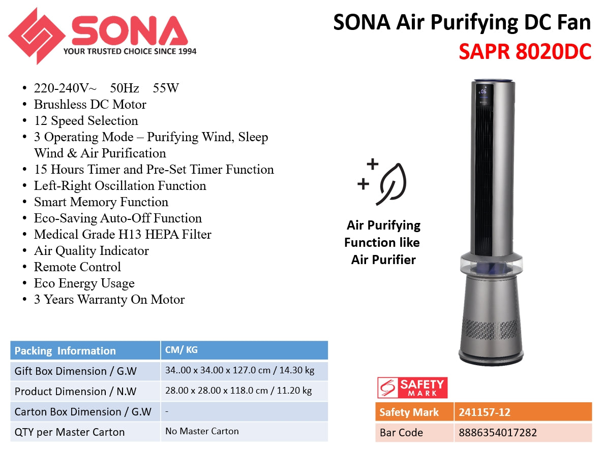 Sona SAPR 8020DC | SAPR8020DC Air Purifying DC Fan