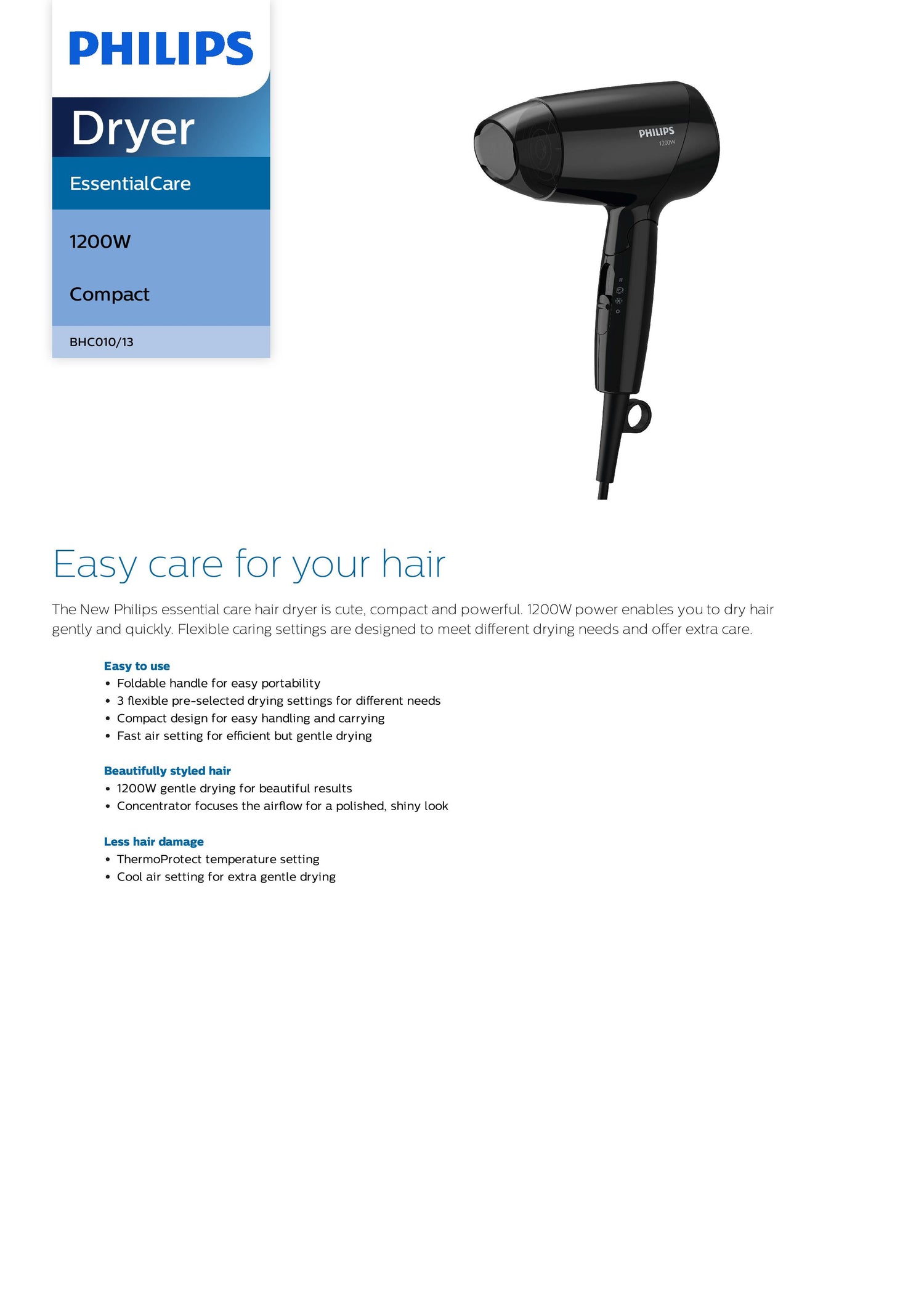 Philips BHC010/13 EssentialCare Compact Hair Dryer 1200W