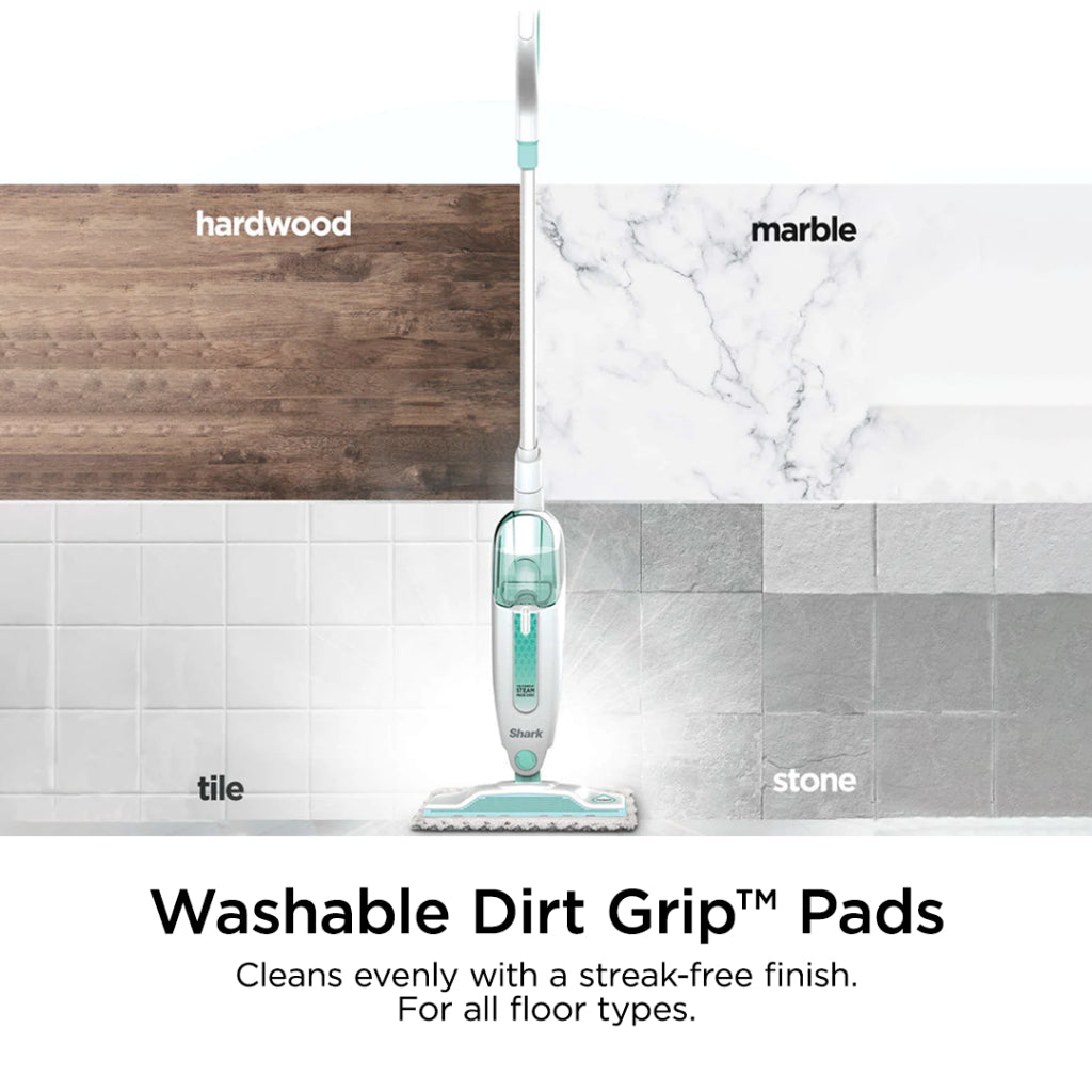 Shark S1000 Steam Mop 375ml, Floor cleaning mop with 2 Dirt Grip Pads, Lightweight, Safe for all Sealed Hard Floors like Tile, Hardwood, Stone, Laminate, Vinyl & More, Machine Washable Pads, Removable Water Tank, White/Seafoam