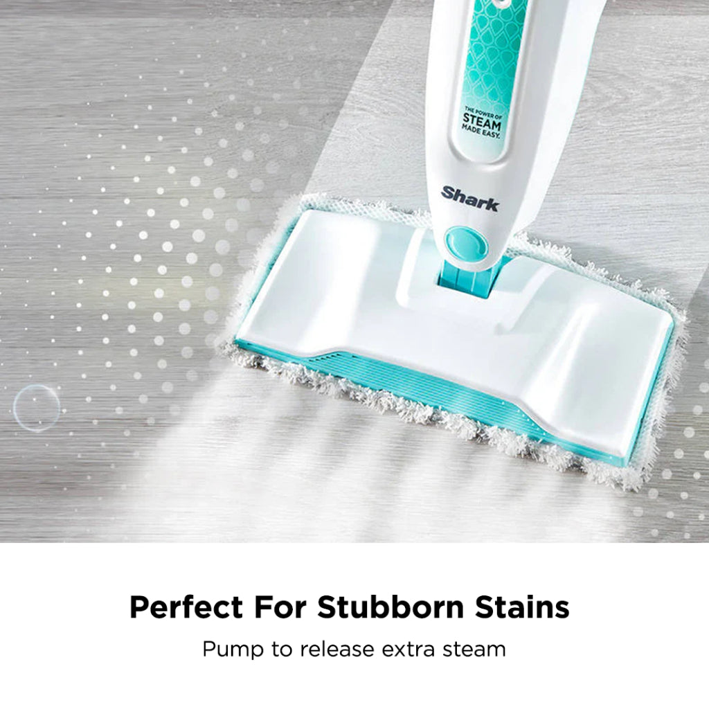 Shark S1000 Steam Mop 375ml, Floor cleaning mop with 2 Dirt Grip Pads, Lightweight, Safe for all Sealed Hard Floors like Tile, Hardwood, Stone, Laminate, Vinyl & More, Machine Washable Pads, Removable Water Tank, White/Seafoam