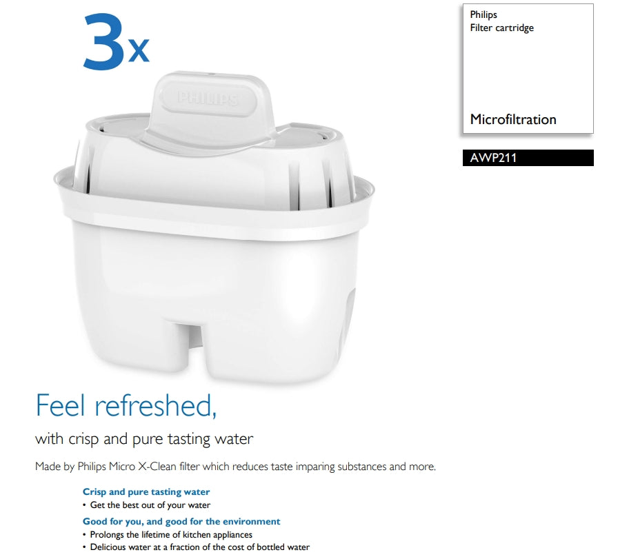 Philips AWP211/97 Micro X-Clean Pitcher Filter (3pcs Pack) - Replacement Filter for Model ADD5910, ADD5980M, ADD5981