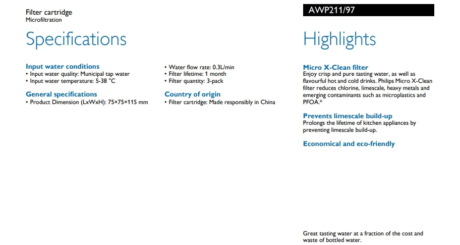 Philips AWP211/97 Micro X-Clean Pitcher Filter (3pcs Pack) - Replacement Filter for Model ADD5910, ADD5980M, ADD5981