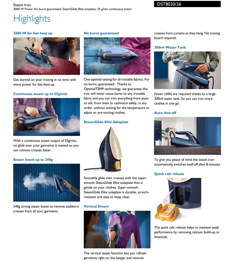 Philips DST8020/26 Azur Steam Iron 3000W 8000 Series