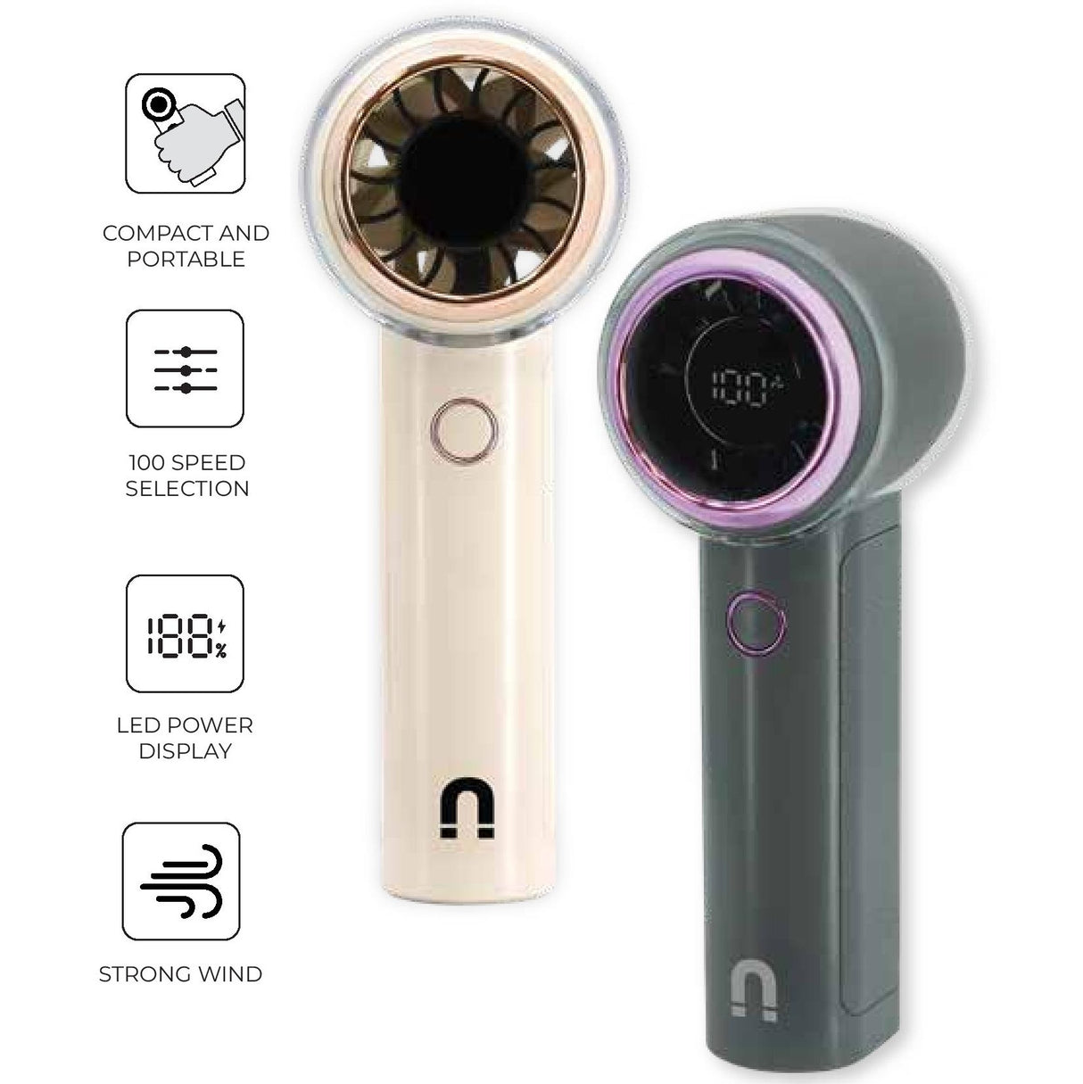 NNIO U-5 High Speed Portable Handheld Fan 6W with LED Diplay, Plastic Blade, 100 Speeds - 2 Colors Options Available