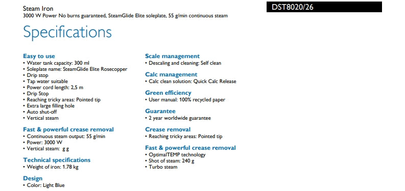 Philips DST8020/26 Azur Steam Iron 3000W 8000 Series