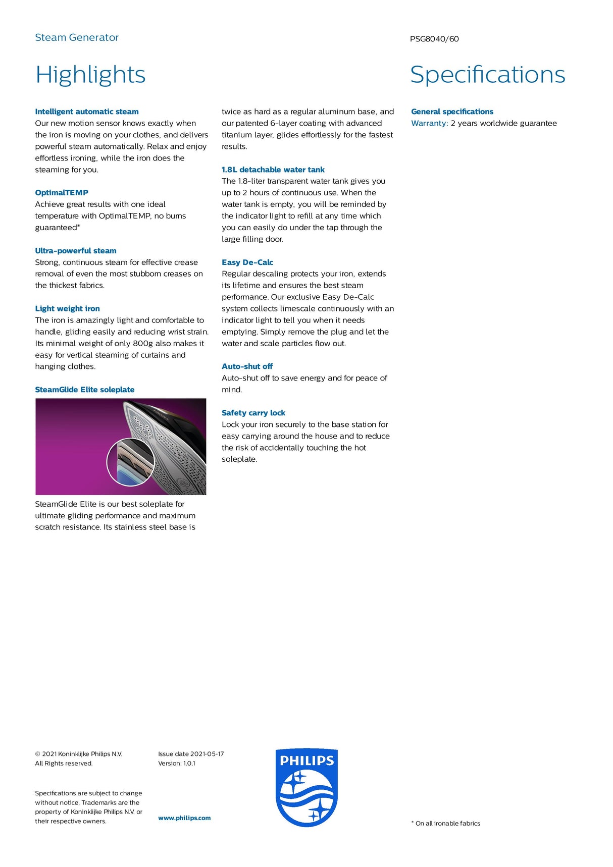 FREE Ironing Board + Philips PSG8040/60 | PSG8040 Steam Generator PerfectCare 8000 Series