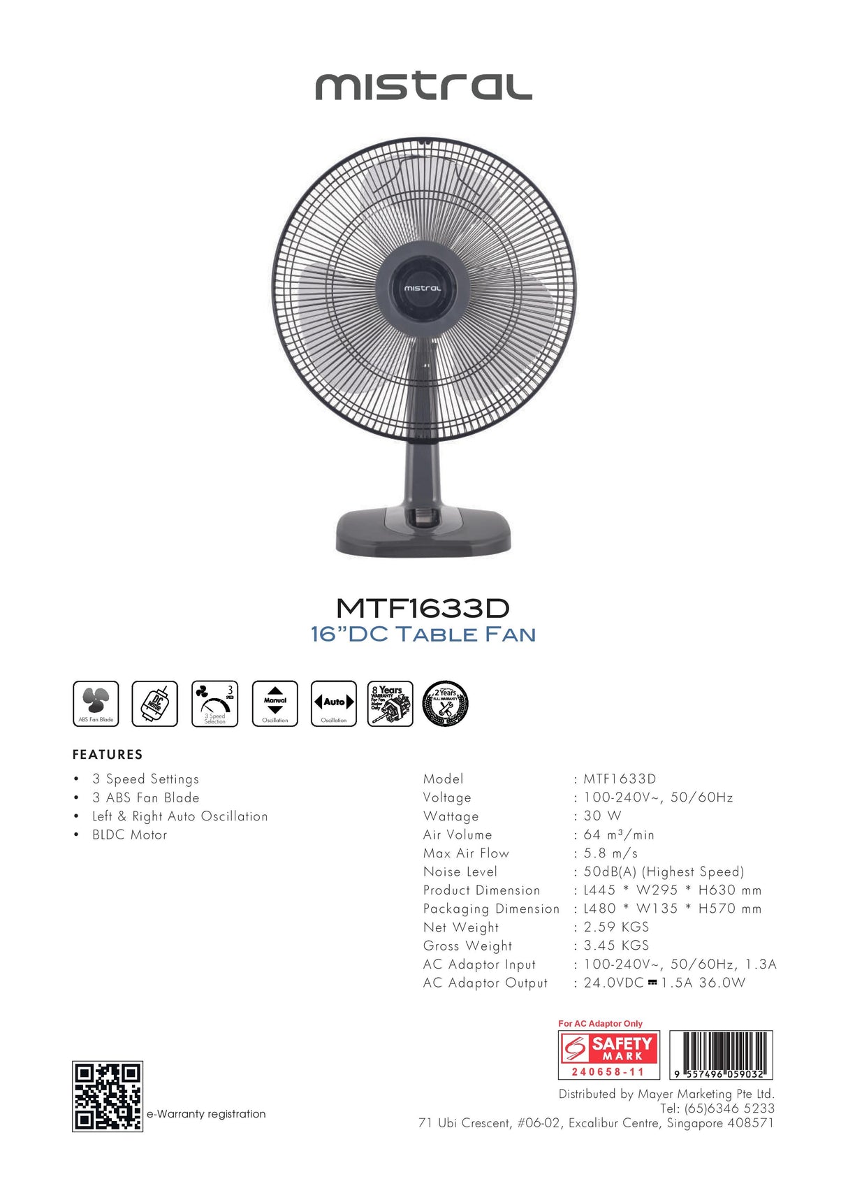 Mistral MTF1633D DC Table Fan 16 Inch