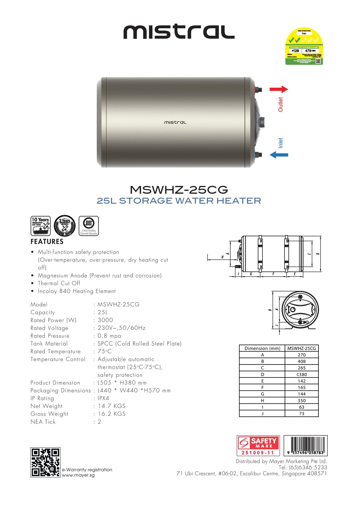 Mistral MSWHZ-25CG Storage Water Heater 25L