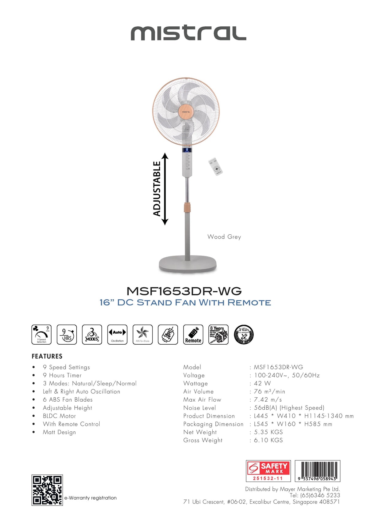 Mistral MSF1653DR-WG DC Stand Fan With Remote 16 Inch