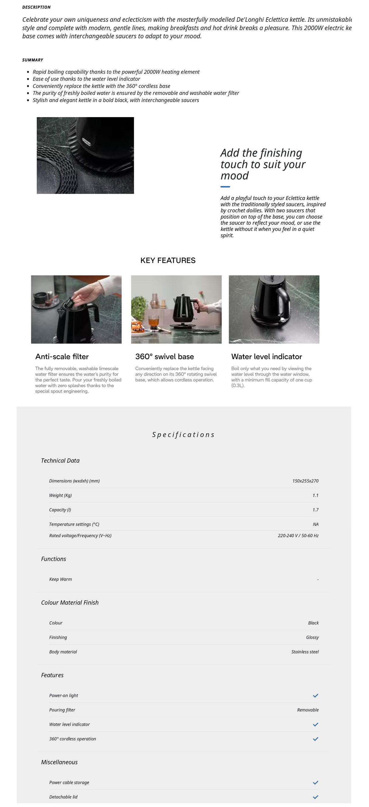 Delonghi KBY2001.BK Eclettica Bold Black Kettle 1.7L