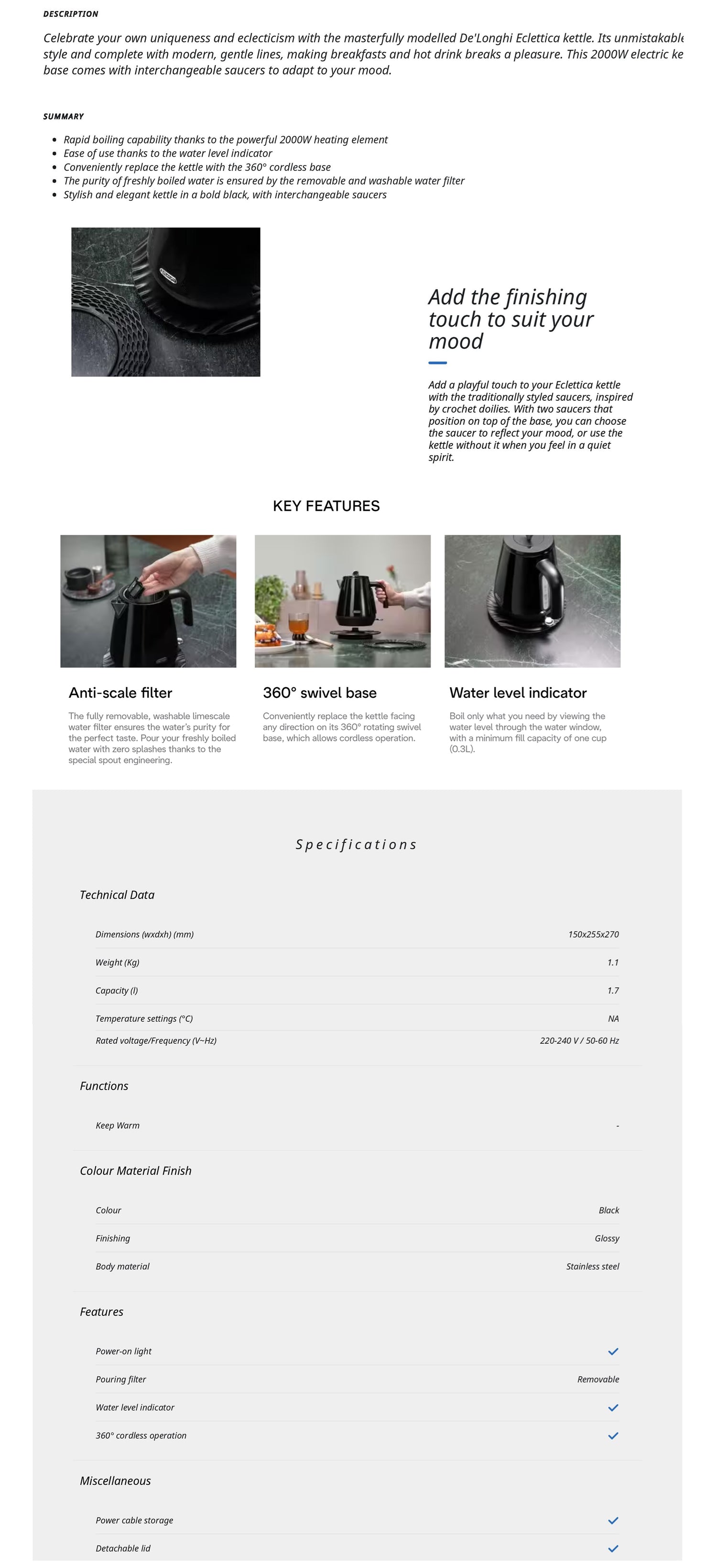 Delonghi KBY2001.BK Eclettica Bold Black Kettle 1.7L