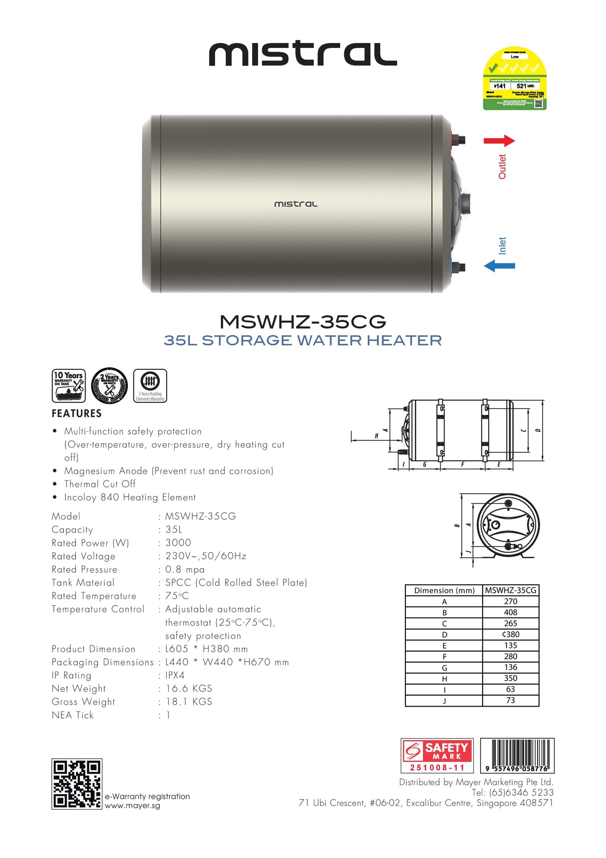 Mistral MSWHZ-35CG Storage Water Heater 35L