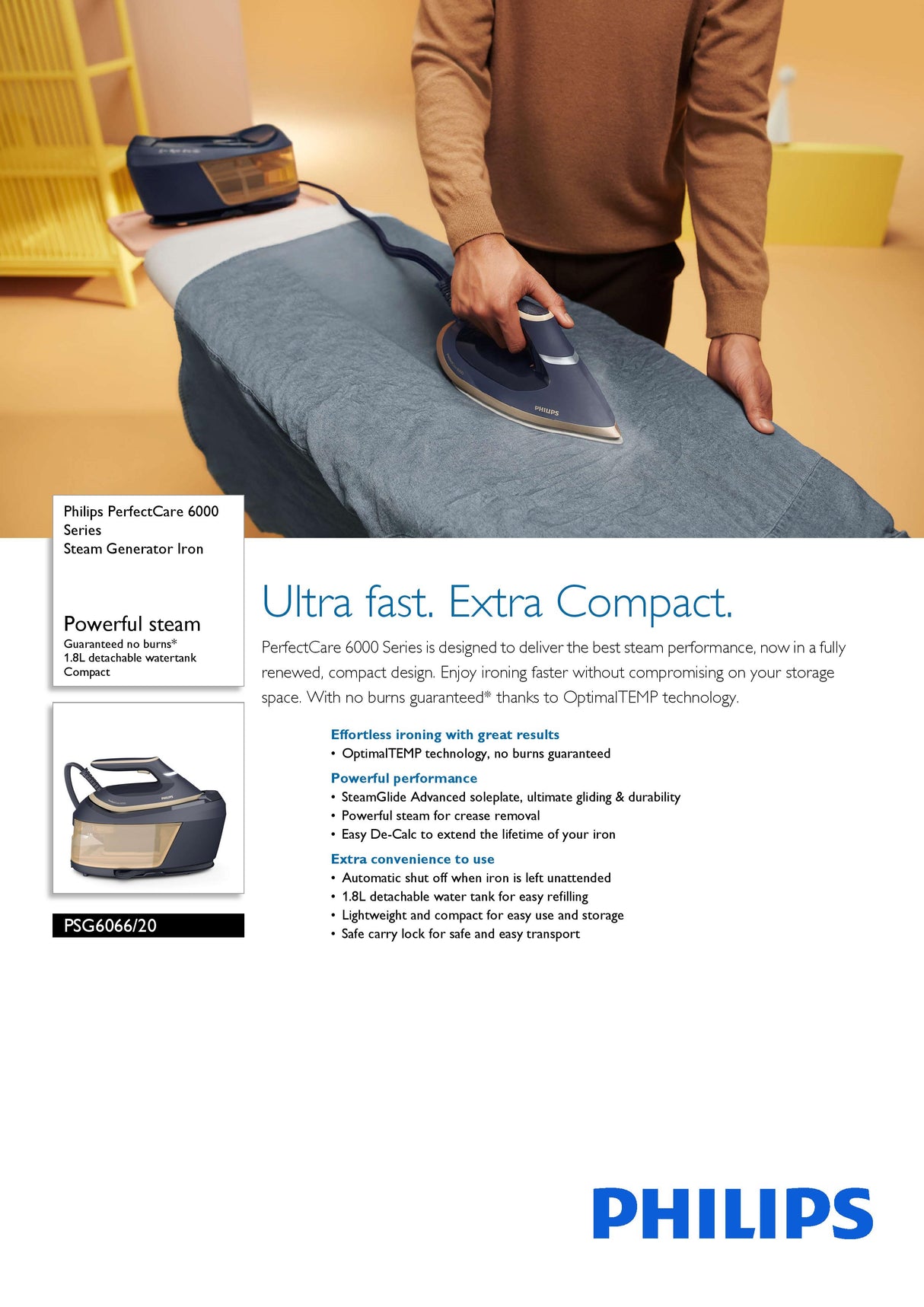 Philips PSG6066 | PSG6066/20 PerfectCare 6000 Series Steam Generator OptimalTEMP Technology