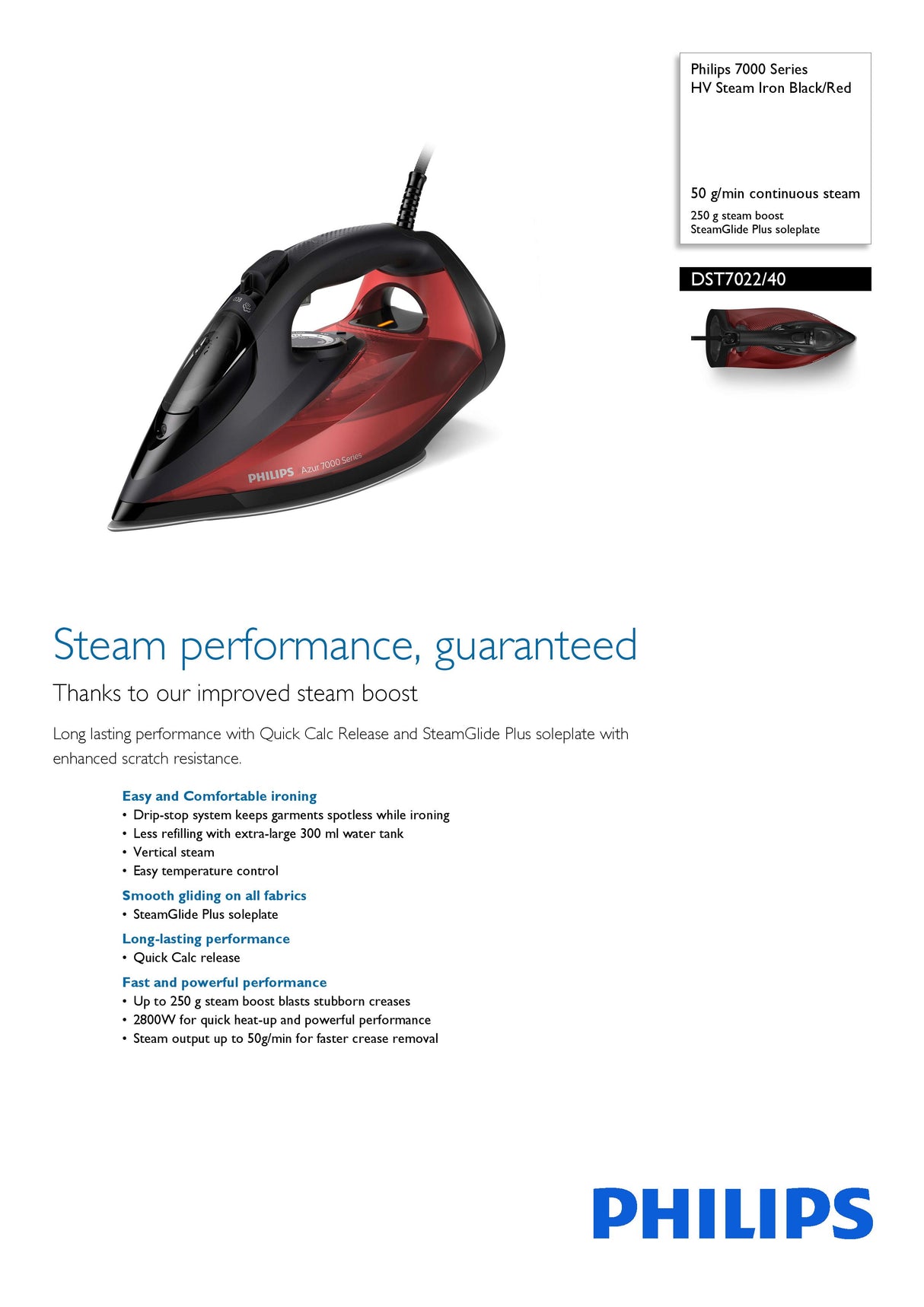 Philips DST7022/40 | DST7022 7000 Series HV Steam Iron 2800W