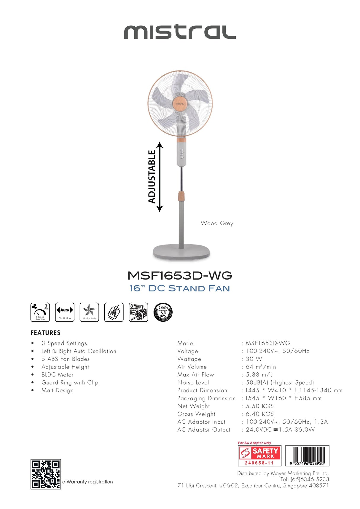 Mistral MSF1653D-WG DC Stand Fan 16 Inch