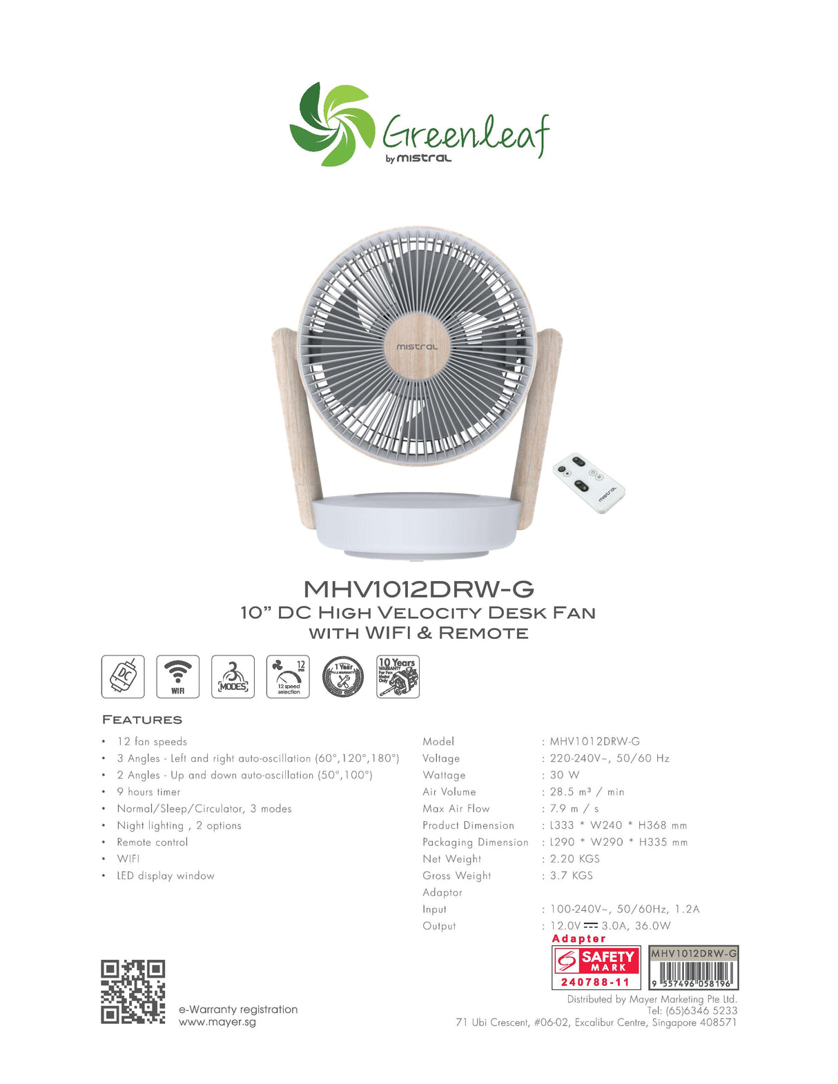 Mistral MHV1012DRW-G DC High Velocity Desk Fan With WIFI & Remote 10 Inch