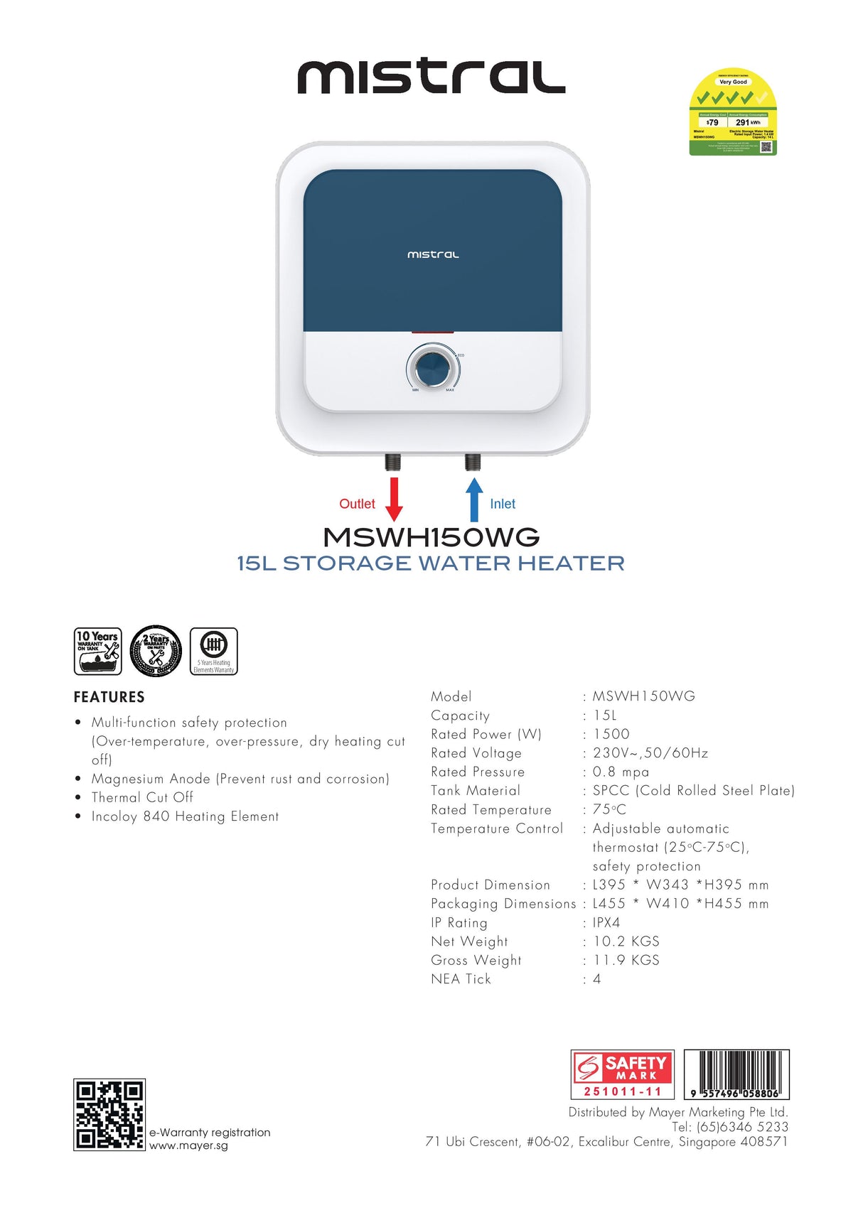 Mistral MSWH150WG Storage Water Heater 15L