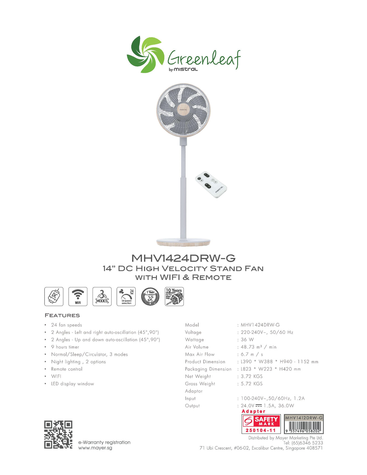 Mistral MHV1424DRW-G DC High Velocity Stand Fan with WIFI & Remote 14 Inch
